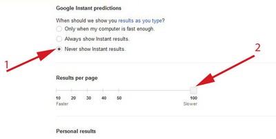 removing google instant and adding results per page