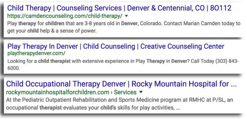 Google SERP listings for child therapy denver | An Ultimate SEO Checklist for Your Private Practice | Brighter Vision | Marketing Blog for Therapists