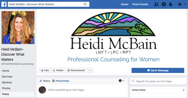 Heidi McBain's Facebook Business page | Brighter Spotlight with Heidi McBain | Brighter Vision Web Solutions | Therapist Websites & Marketing for Therapists | Marketing Blog for Therapists