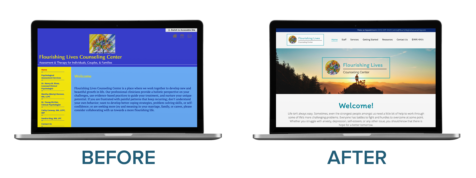 Flourishing Lives Counseling Center Website Redesign | Before & After Website Transformations: From TherapySites to Brighter Vision | Brighter Vision Web Solutions | Marketing Blog for Therapists
