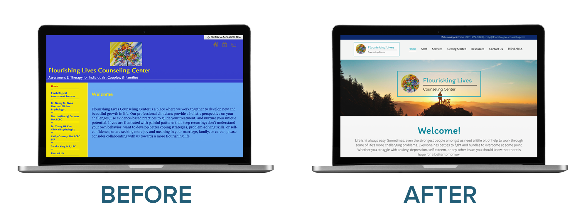 Flourishing Lives Counseling Center Website Redesign | Before & After Website Transformations: From TherapySites to Brighter Vision | Brighter Vision Web Solutions | Marketing Blog for Therapists