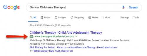 Denver Children's Therapist google ad | The 6-Step Guide to Mastering Google Ads for Therapists | Brighter Vision | Marketing Blog for Therapists