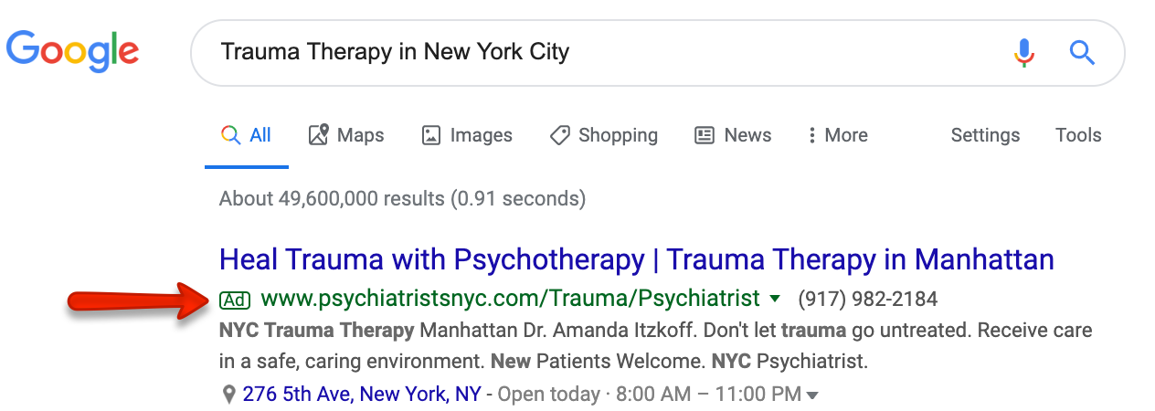 PPC Google Ad example | 50 SEO Terms Explained | Brighter Vision's SEO Glossary for Therapists | Marketing Blog for Therapists