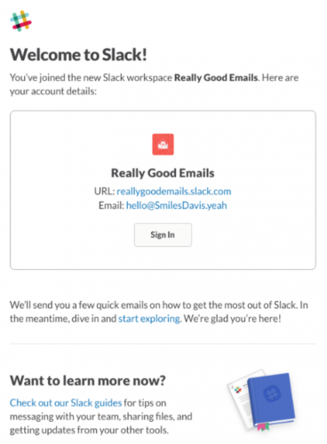 Slack example | How to Write an Effective Welcome Email | Brighter Vision | Marketing Blog for Therapists