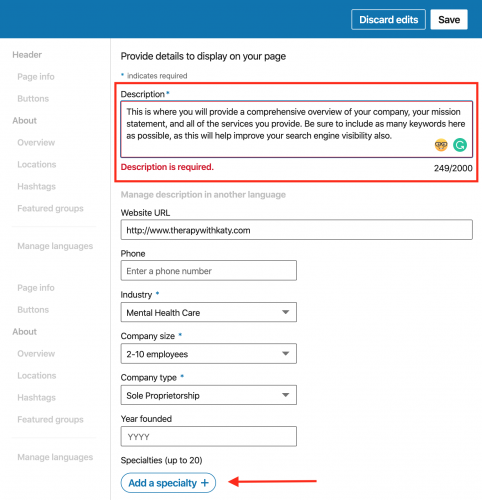 Description example | How to Set up a LinkedIn Company Page for Your Private Practice | Brighter Vision | Marketing Blog for Therapists