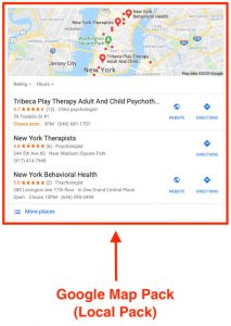 Google map pack local pack example | Dear BV: How Do I Get a Google My Business Listing for My Private Practice? | Brighter Vision | Marketing Blog for Therapists