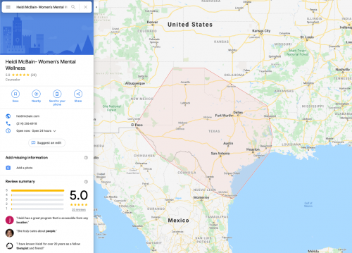 Heidi McBain Google Maps Service Area | Dear BV: How Do I Get a Google My Business Listing for My Private Practice? | Brighter Vision | Marketing Blog for Therapists