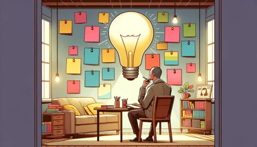 Therapist in office with post-it notes and lightbulb, symbolizing creative brainstorming.