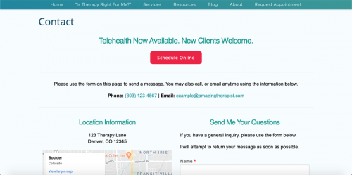 Contact page example | How to Effectively Promote Teletherapy on Your Private Practice Website | Brighter Vision | Marketing Blog for Therapists