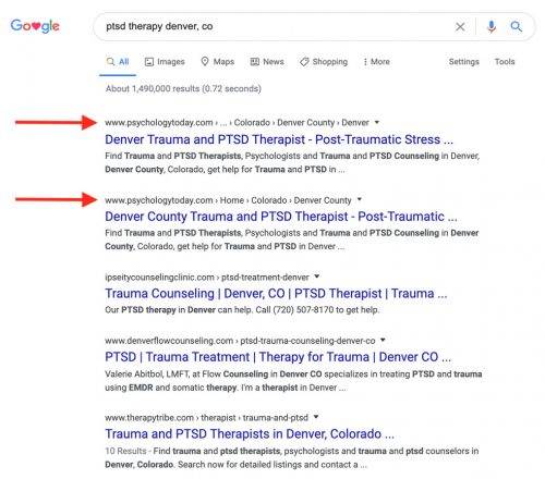 Psychology Today in Google results | Promoting Telehealth by Optimizing Your Online Directory Listings | Brighter Vision | Marketing Blog for Therapists