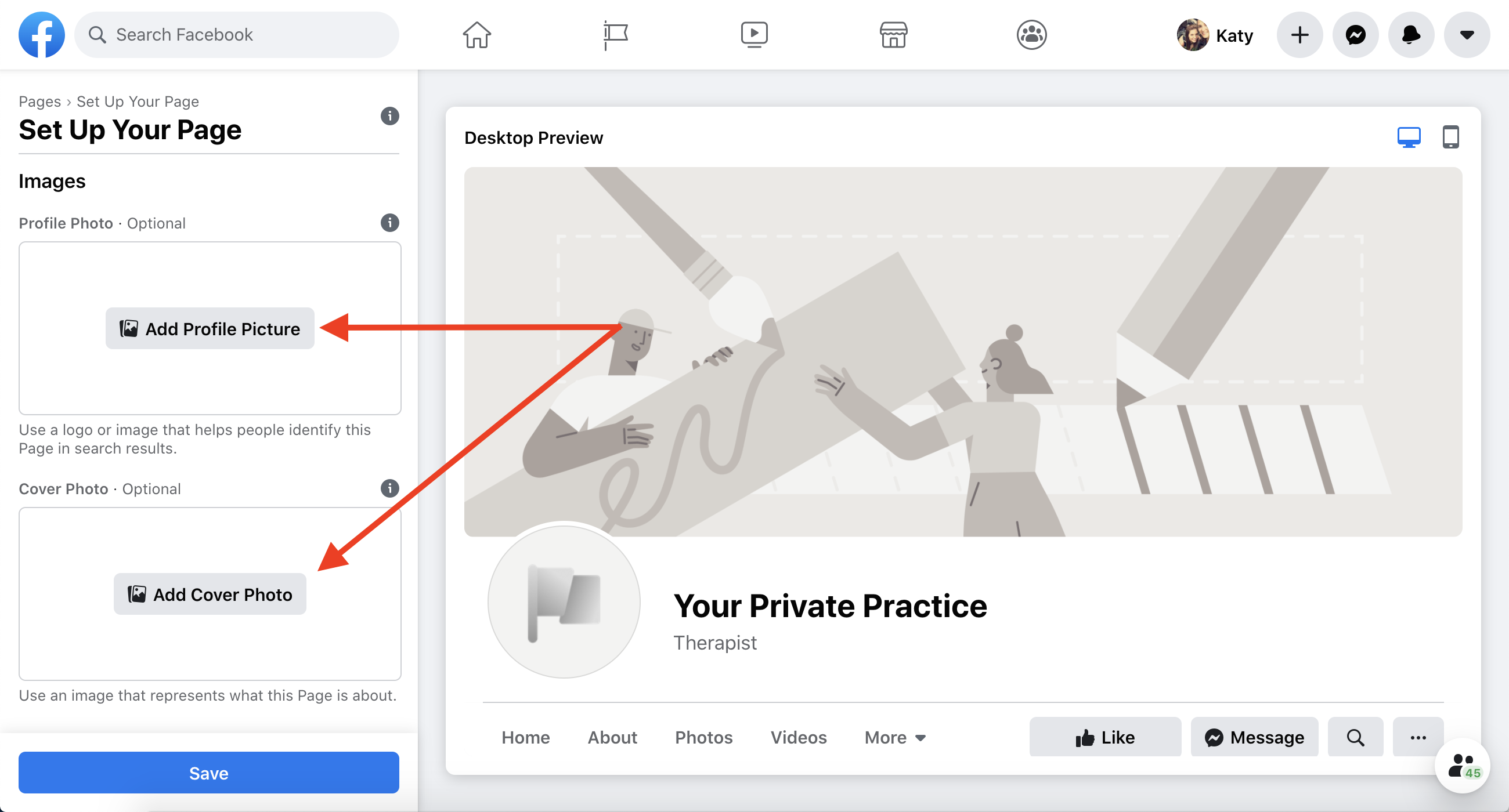 Add images buttons | The Therapist’s Guide to Creating an Awesome Facebook Business Page in 2020 | Brighter Vision Web Solutions | Marketing Blog for Therapists